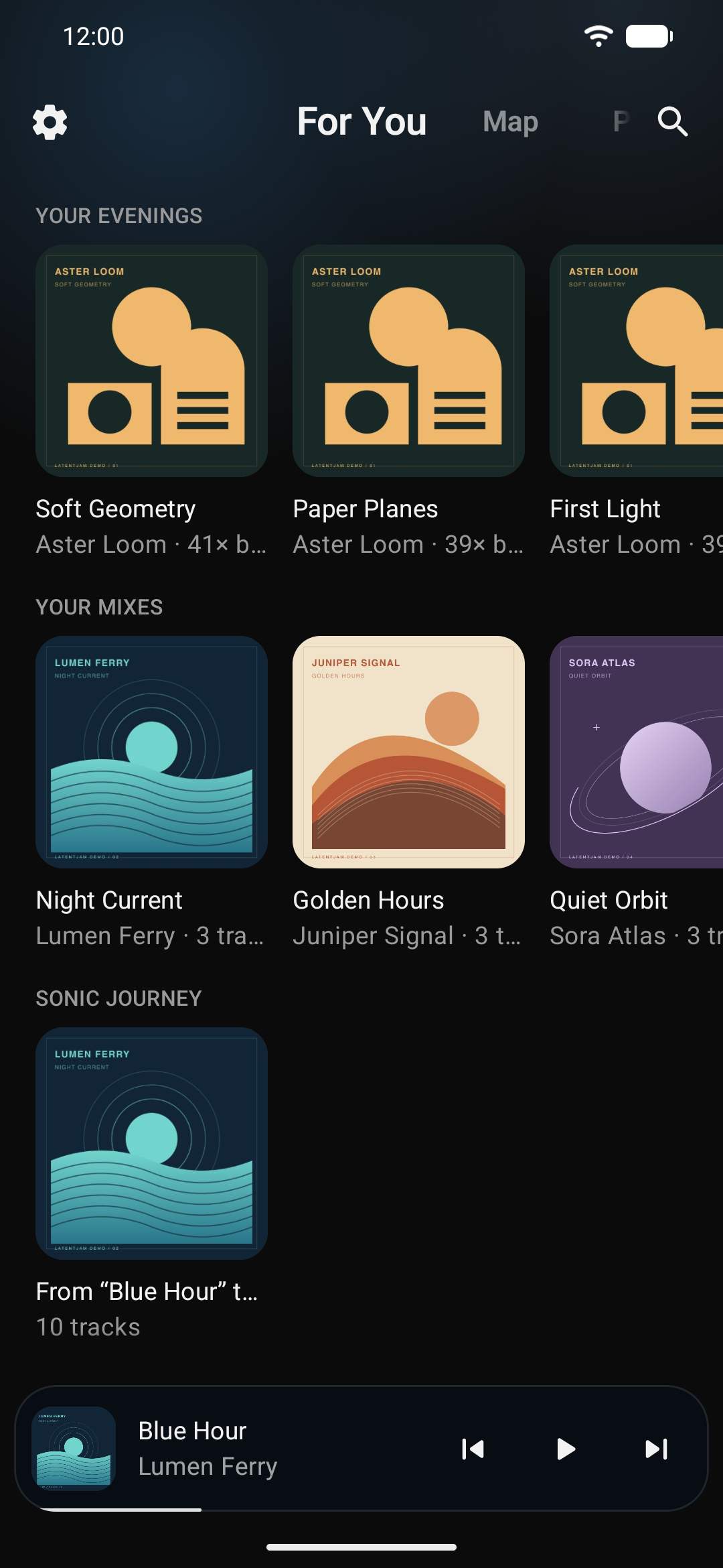 For You shows a personal listening suggestion and rows of albums and tracks from the local library.