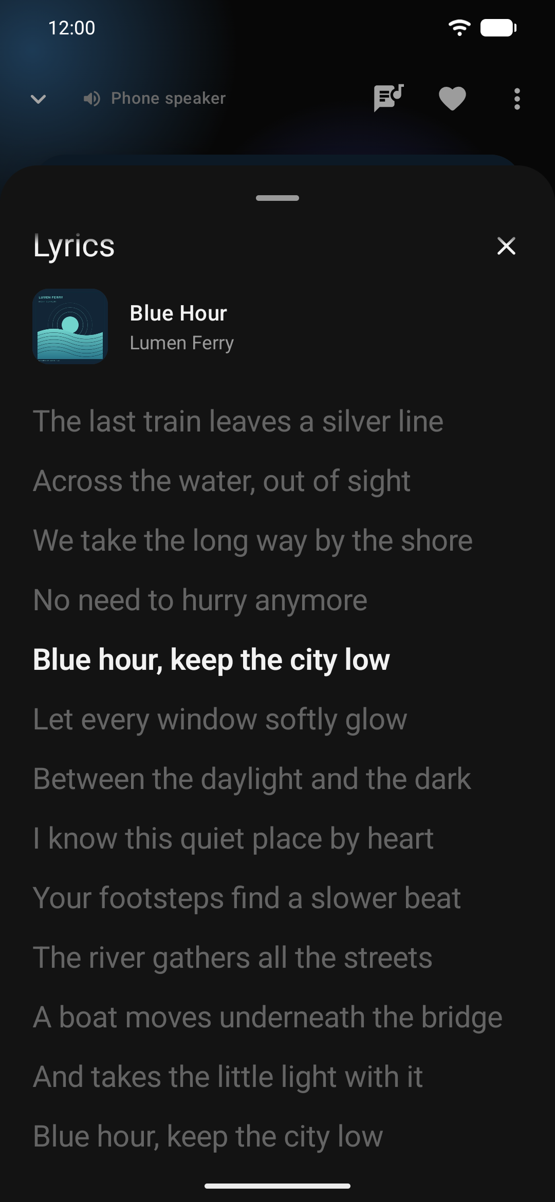 Expanded synchronized lyrics in the player, with the current line highlighted.